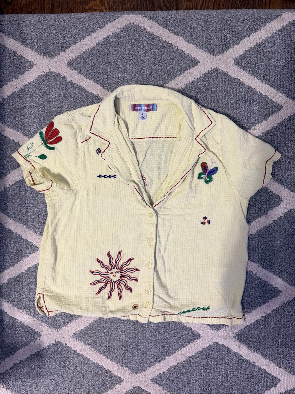 Urban Outfitters Light Yellow Embroidered Short Sleeve Button-Up Top